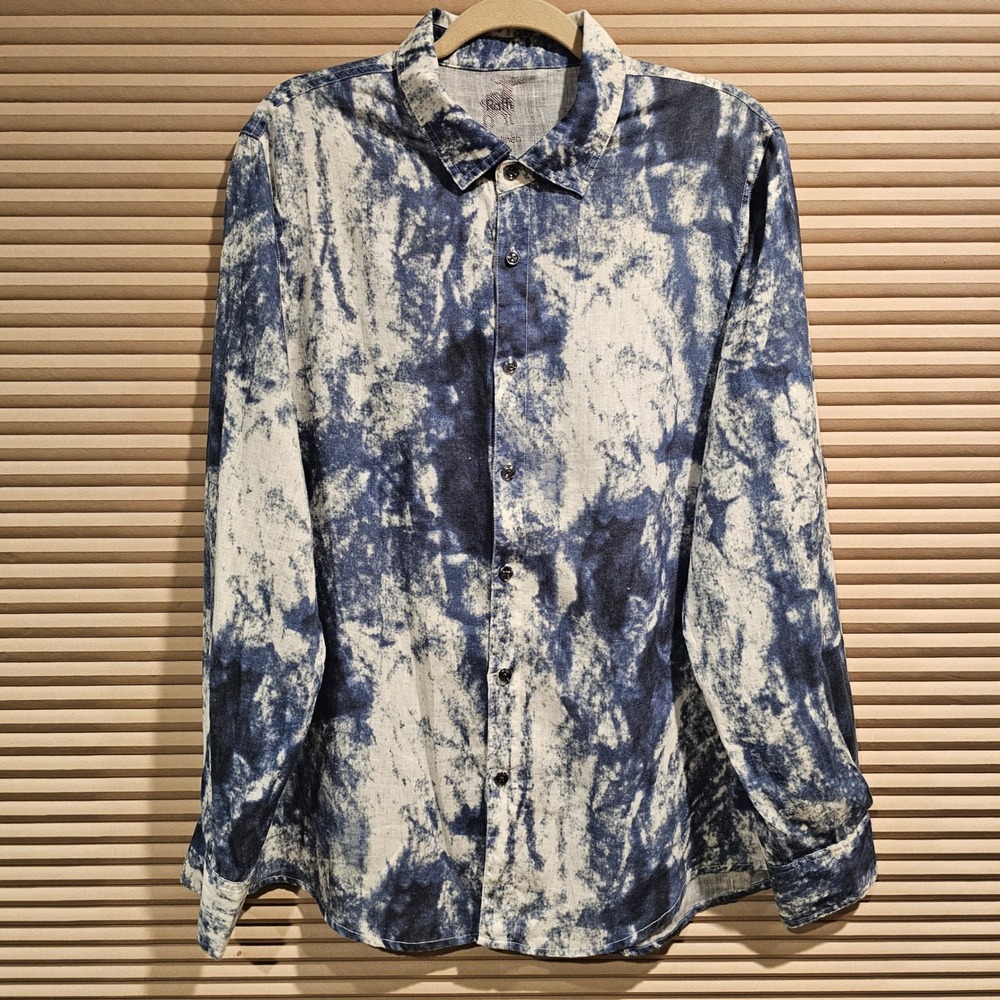 Raffi Mens Pure Linen Blue White Tie Dye Long Sleeve Button Down Shirt Size M